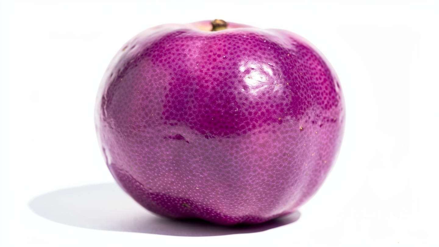  "Laranja com casca de cor laranja vibrante e manchas avermelhadas, sugerindo a polpa escura no interior."