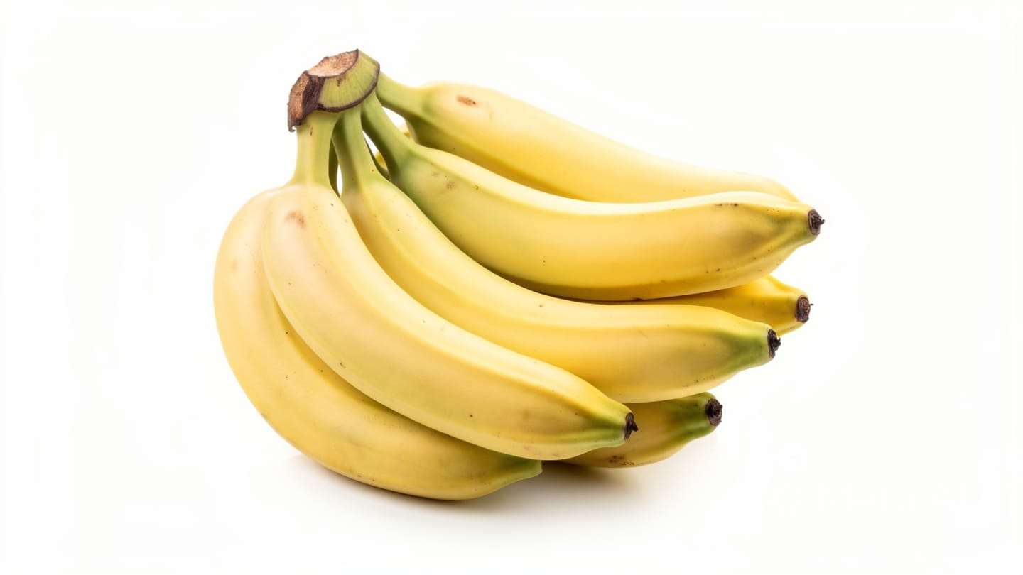"Cacho de bananas-d'água maduras prontas para consumo, com casca fina e amarela."