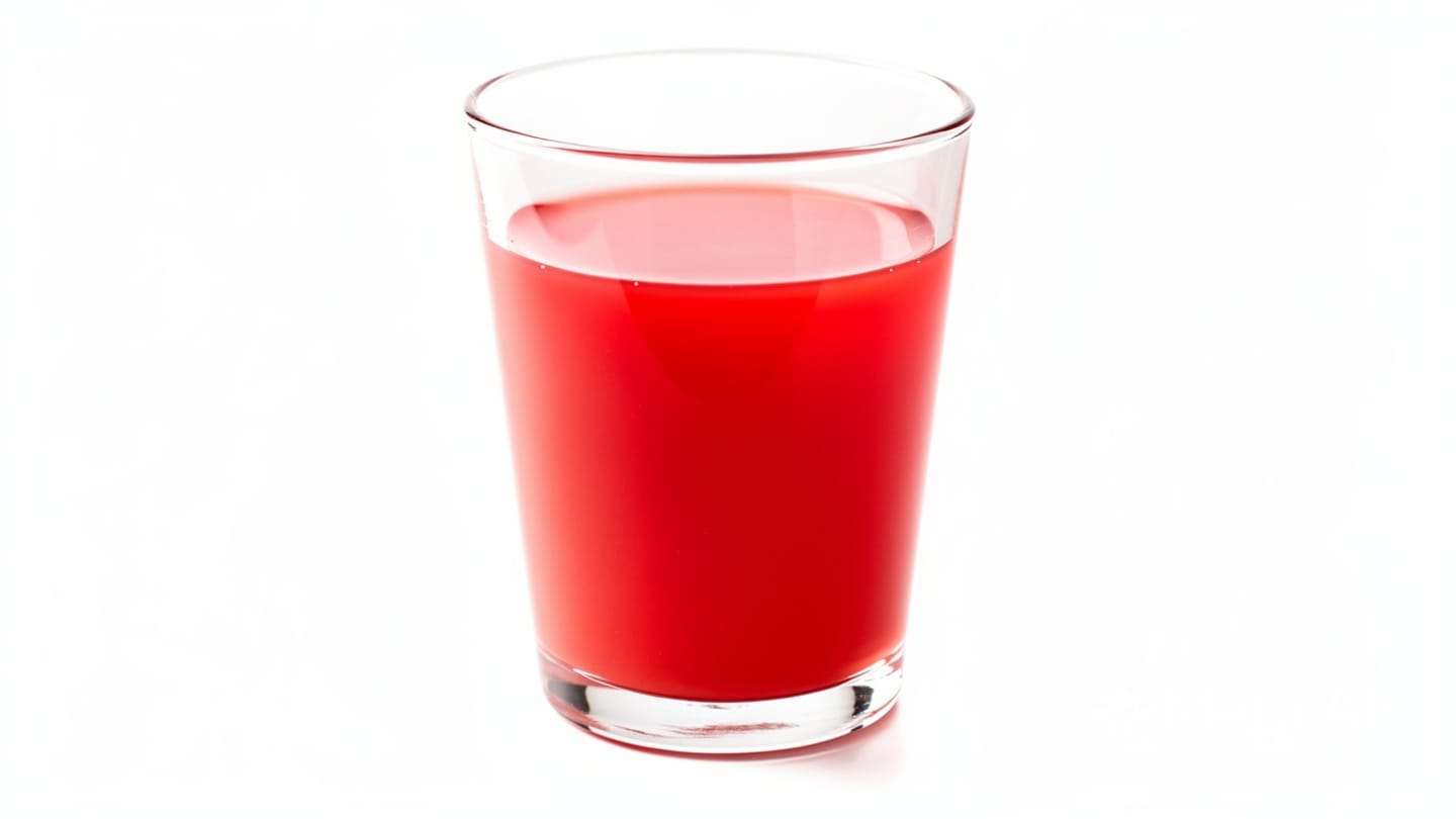 "Suco de acerola natural num copo transparente, com algumas acerolas frescas ao lado sobre a mesa."