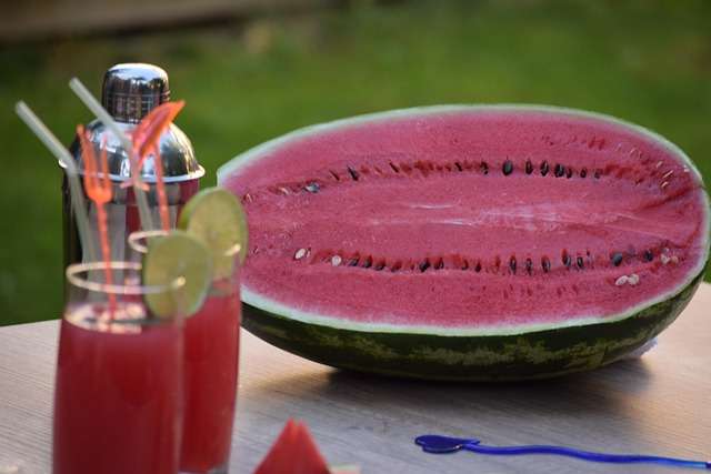 "Copo de suco de melancia gelado com vários cubos de gelo e gotas de condensação no exterior do vidro."