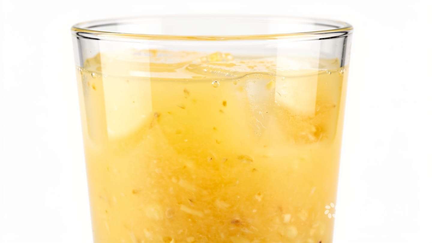  "Copo de vidro com suco puro de abacaxi, exibindo uma cor amarela vibrante e uniforme."