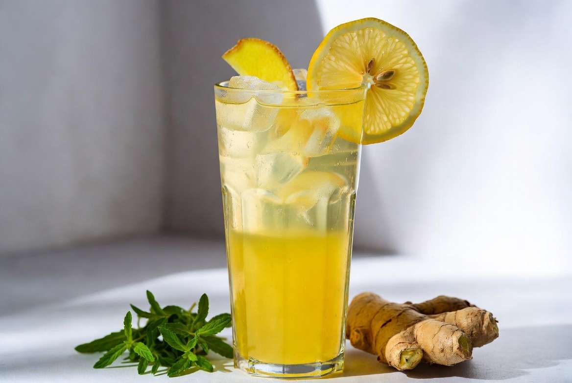  "Suco de limão num copo de vidro, decorado com uma rodela de limão na borda e pequenos pedaços ou uma fatia de gengibre no interior."