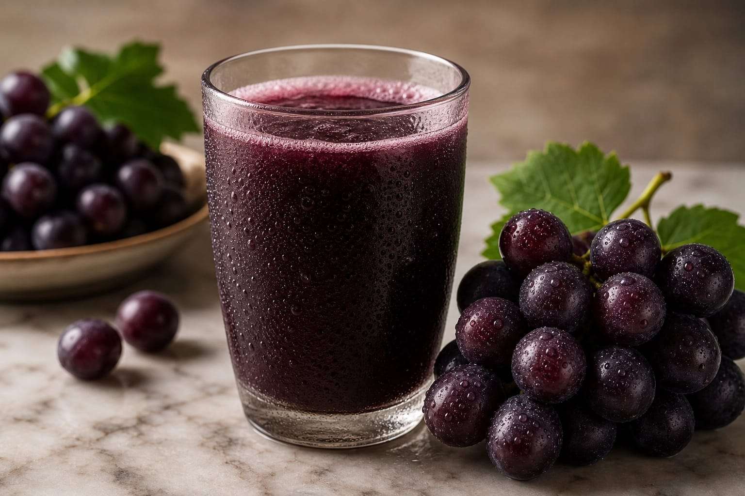 Um copo de vidro transparente cheio de suco de uva roxo e concentrado, cercado por vários bagos de uvas frescas e maduras ao redor da base.