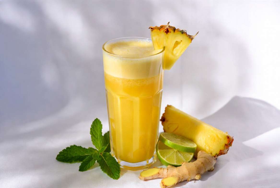 Copo de vidro alto cheio de suco detox com abacaxi bem gelado, mostrando pequenas bolhas na superfície e pedras de gelo flutuando na bebida sobre uma mesa iluminada.