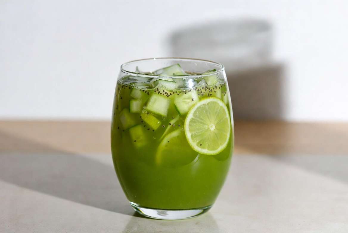 Suco Detox de Couve: O Guia Definitivo da Receita 3 Copo de vidro transparente com suco detox de couve bem verde e gelado, mostrando pedras de gelo flutuando e gotículas de água na superfície externa do copo.
