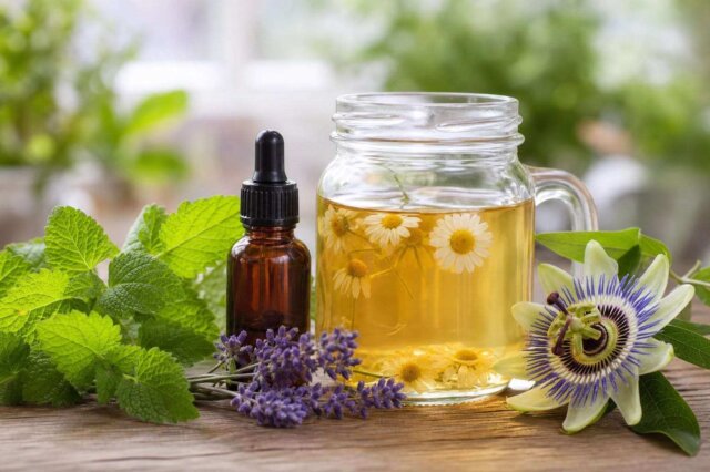 Um frasco de vidro escuro com extrato de plantas medicinais usado como remédio natural para ansiedade, posicionado ao lado de folhas de chá.