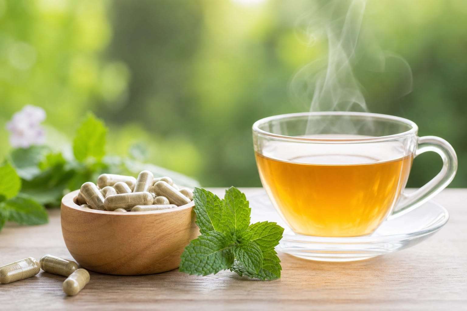 Um copo de vidro transparente com água ao lado de duas cápsulas naturais que servem como remédio natural para ansiedade sobre uma mesa de madeira.