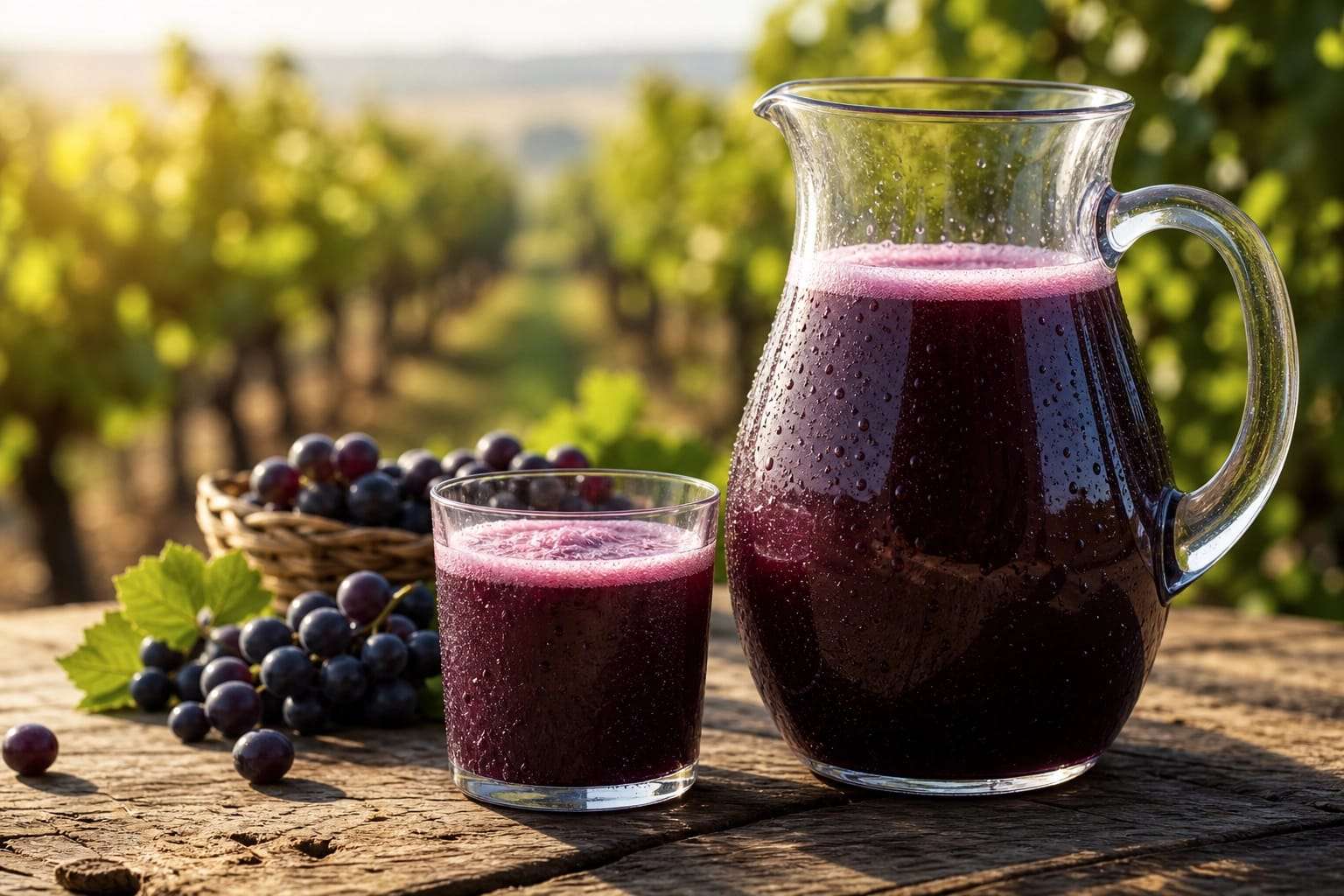 Uma jarra de vidro cheia de suco de uva integral roxo ao lado de um copo servido, decorado com algumas uvas frescas inteiras na mesa.