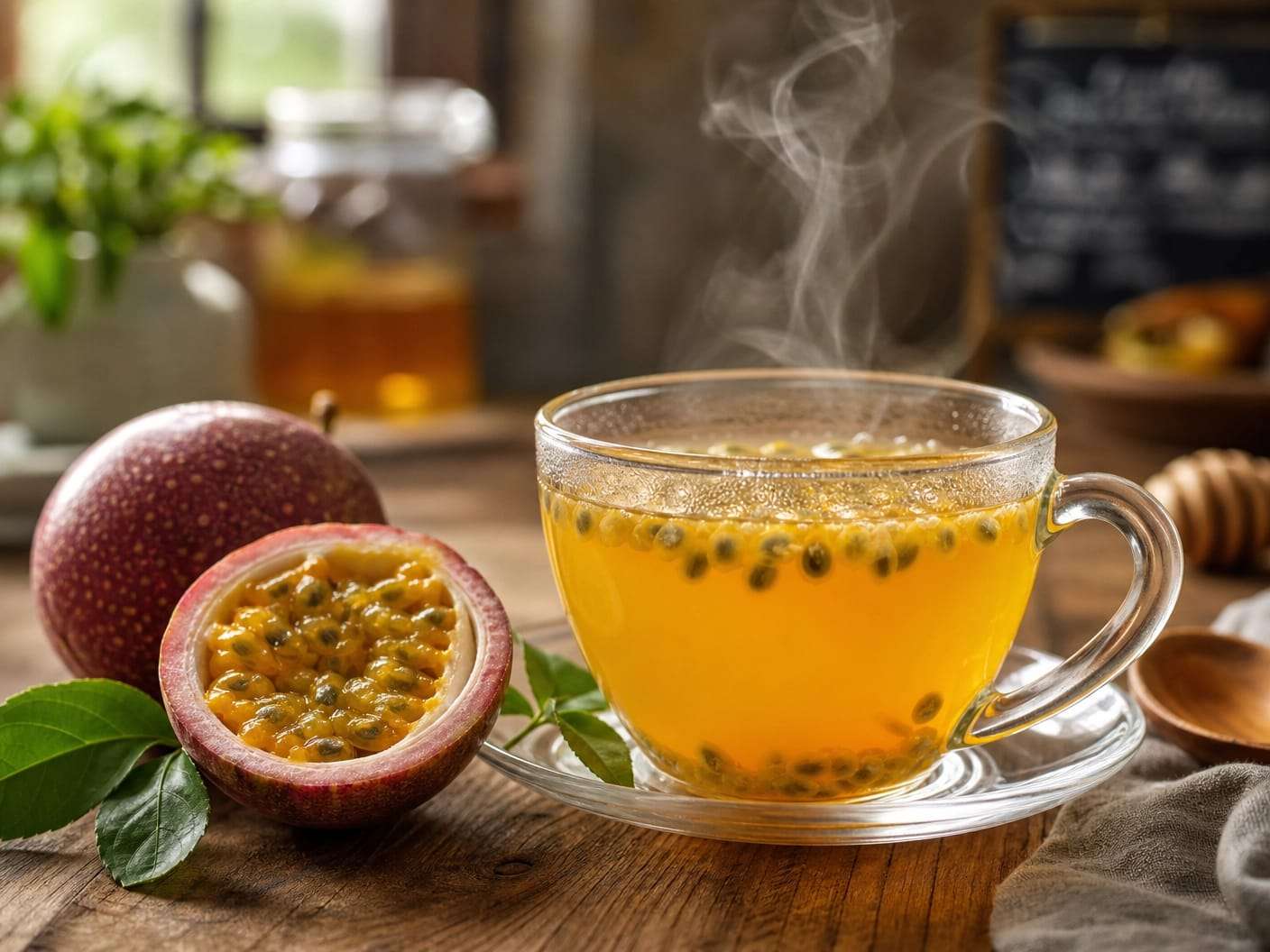 Uma xícara de louça branca cheia de chá de maracujá quente, rodeada por várias frutas de maracujá inteiras e cortadas ao meio sobre a mesa.