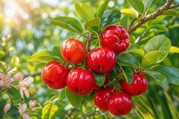 Um cacho de acerola madura e vermelha ainda presa ao ramo verde do arbusto, destacando o fruto tropical na natureza.