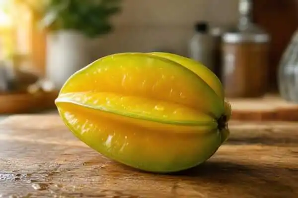 Grávida Pode Comer Carambola? Benefícios, Riscos e Cuidados 1 Carambola amarelada madura e inteira com casca brilhante e textura natural em destaque.