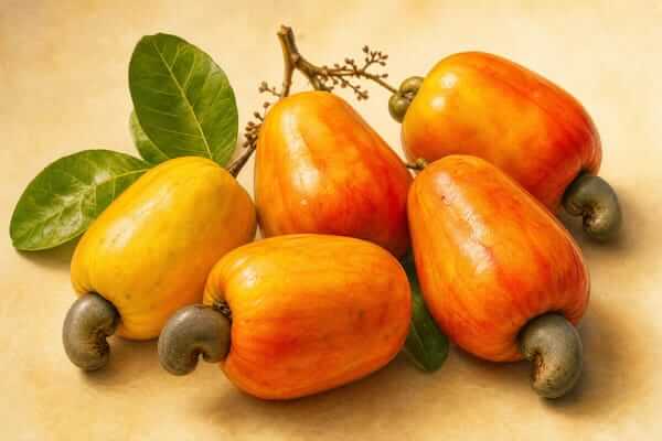 Cinco cajus frescos maduros com o cabo e a castanha, ilustrando os benefícios do caju para uma alimentação rica em vitamina C.