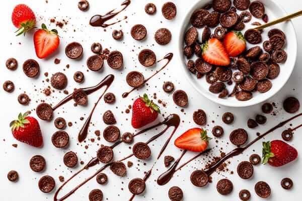 Cereal de chocolate: Mais sabor e humor na sua rotina 1 Uma taça branca com cereal matinal de chocolate crocante e rodelas de banana fresca, com leite magro a ser vertido suavemente sobre os flocos, criando uma atmosfera de pequeno-almoço saudável e energético.