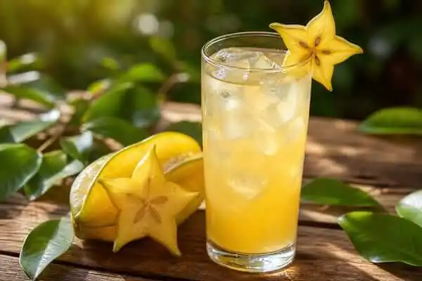 Suco de Carambola: Benefícios e Cuidados com a Saúde 2 Uma jarra de vidro cheia de suco de carambola amarelo ao lado de fatias da fruta espalhadas sobre um balcão de cozinha.