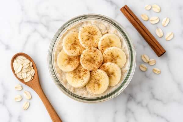 Diabético pode comer banana com aveia? Veja o impacto 2 Fruta fatiada salpicada com canela em pó e cereal integral, exemplificando se o diabético pode comer banana com aveia.