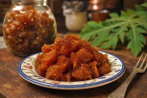 Doce do pé de mamão: Tradição, sabor e segredos da receita 1 "Pote de vidro com doce do pé de mamão ralado e brilhante, decorado com cravos-da-índia e canela em pau ao lado de uma fatia de queijo fresco sobre uma mesa de madeira."