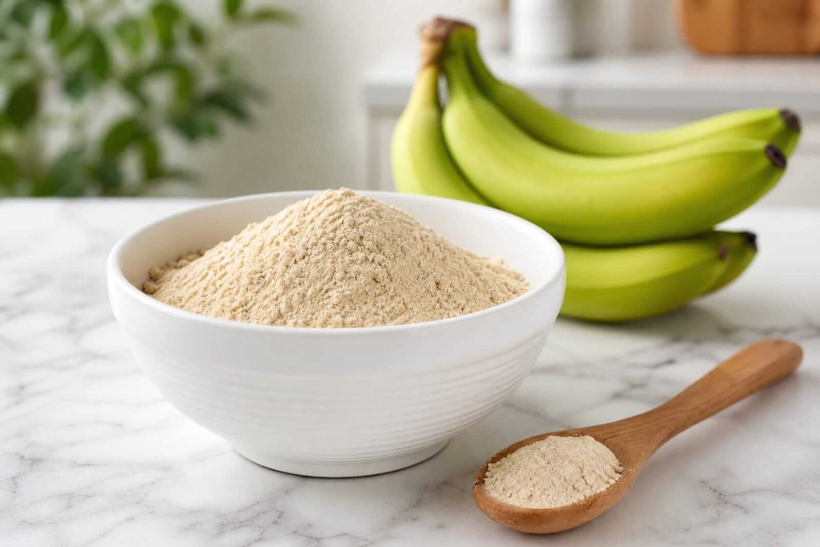 Duas bananas completamente verdes inteiras ao lado de uma taça de cerâmica com farinha de banana verde e uma colher de madeira.