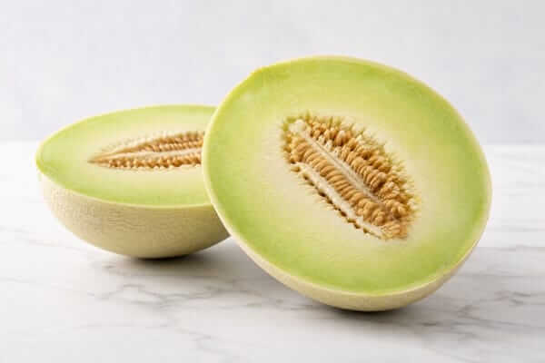 Visão aproximada de um melão verde cortado ao meio realçando as sementes e as propriedades nutricionais da fruta fresca.