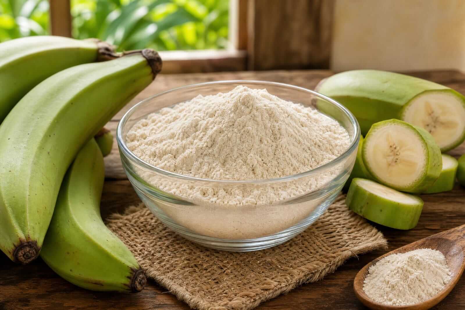 Uma colher de sopa de madeira cheia de farinha de banana verde sendo despejada dentro de uma taça com iogurte natural e morangos.
