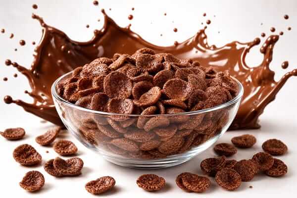 Sucrilhos de chocolate: A crocância que dá energia 2 Uma taça transparente com sucrilhos de chocolate crocantes ao lado de um batido de proteína e de um par de halteres de ginásio numa bancada, com a luz do início da manhã a entrar pela janela, sugerindo uma refeição pré-treino energética.