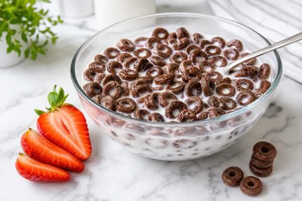 Cereal matinal: Energia e praticidade na sua manhã 2 Grande plano de um prato fundo com cereal matinal e leite, posicionado sobre uma mesa de pequeno-almoço iluminada pela luz do sol. A colher repousa na lateral do prato, criando uma atmosfera calma e matinal.