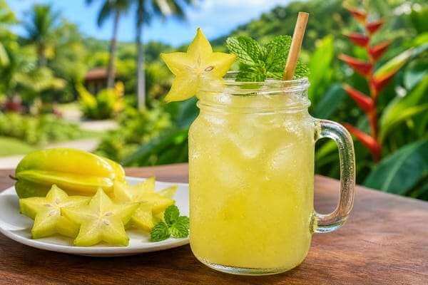 Um copo de vidro transparente com suco de carambola amarelo decorado com uma fatia da fruta em formato de estrela na borda.