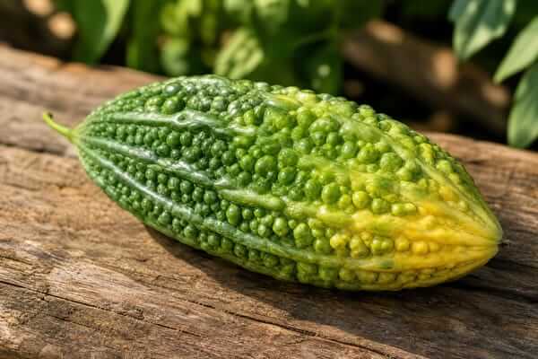 Grande plano de um fruto de melão-de-são-caetano verde-claro com textura verrugosa e pontiaguda, colhido recentemente e pousado sobre uma superfície neutra.