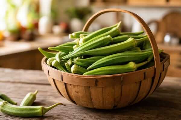 Guia do Quiabo: Cultivo, Receitas e Variedades Imperdíveis 3 Cesta de vime cheia de quiabos verdes, inteiros e frescos colhidos recentemente na horta.