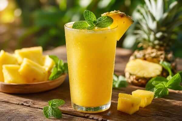 Um copo de vidro com suco de abacaxi com hortelã bem gelado, decorado com folhas frescas de hortelã e uma rodela de abacaxi na borda.