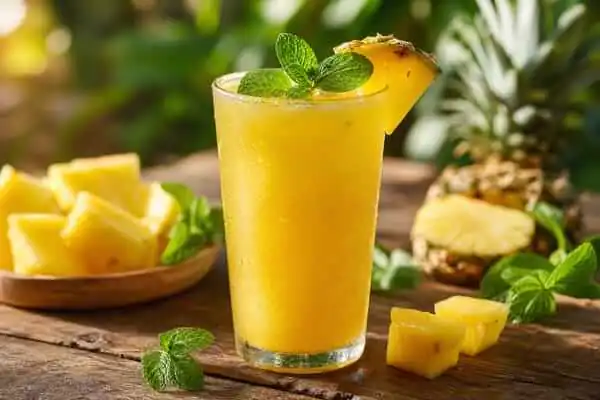 Suco de Abacaxi com Hortelã: Benefícios e Receitas Práticas! 1 Um copo de vidro com suco de abacaxi com hortelã bem gelado, decorado com folhas frescas de hortelã e uma rodela de abacaxi na borda.