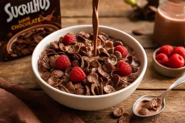 Sucrilhos de chocolate: A crocância que dá energia 1 Grande plano de flocos crocantes de sucrilhos de chocolate dourados e cobertos de cacau dentro de uma taça de cerâmica azul, com um fluxo de leite fresco a cair em cascata, salpicando suavemente e destacando a textura estaladiça do cereal matinal.