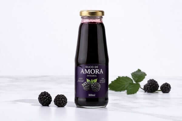 Os 11 Benefícios do Suco de Amora na Saúde O Guia Definitivo 2 Garrafa de vidro transparente fechada, cheia de suco de amora roxo escuro e homogéneo, com pequenas gotas de condensação na superfície do vidro.