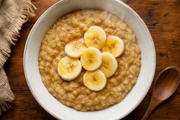 Textura cremosa de uma banana amassada com aveia e salpicada com canela em pó dentro de um prato fundo.