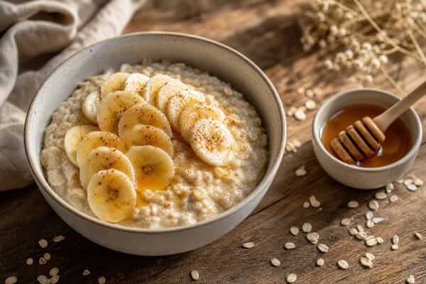 Banana amassada num prato com farelo de aveia e canela em pó, mostrando se o diabético pode comer banana com aveia.