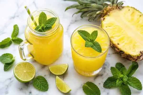 Suco de Abacaxi com Hortelã: Benefícios e Receitas Práticas! 2 Um copo de suco de abacaxi com hortelã na versão verde detox, acompanhado por uma folha de couve e fatias de limão ao lado.