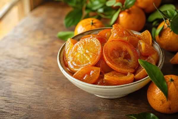 Panela grande de cobre no fogão com cascas de laranja-da-terra imersas em calda de açúcar fumegante durante o processo de apuramento.